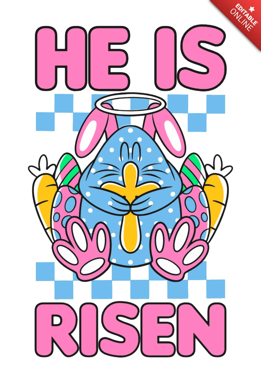 He Is Risen Easter Blue Bunny Holding Cross with Decorated Eggs T-Shirt Design Template