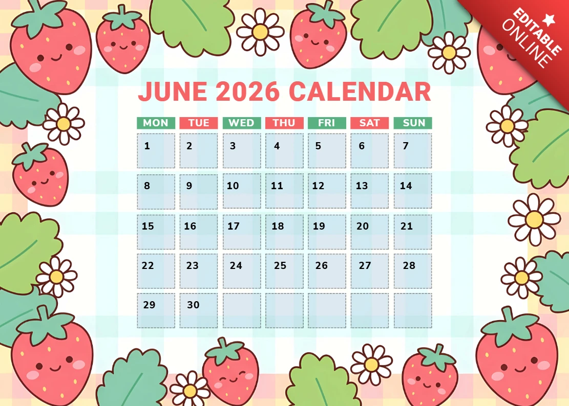 June 2026 Monthly Calendar with Cute Strawberry Characters and Kawaii Fruit Illustrations