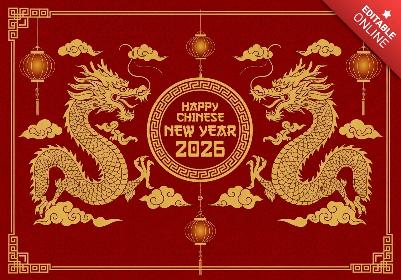 Pôster de celebração do ano novo chinês de 2026, design tradicional em vermelho e dourado com dragões, nuvens e lanternas penduradas.