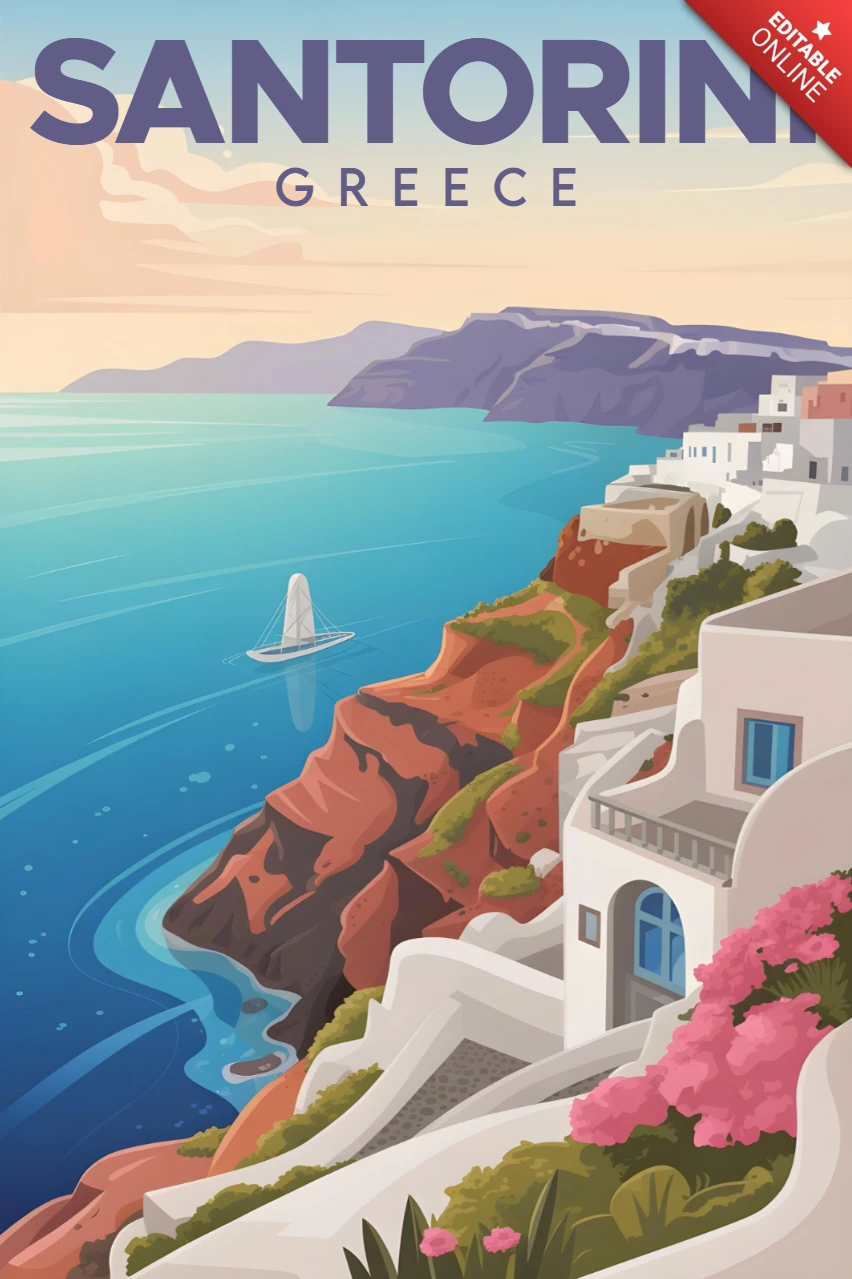 Klippenhäuser in Weiß mit rosa Blumen und Meerblick bei Sonnenuntergang, Santorini-Reiseplakate Designvorlage
