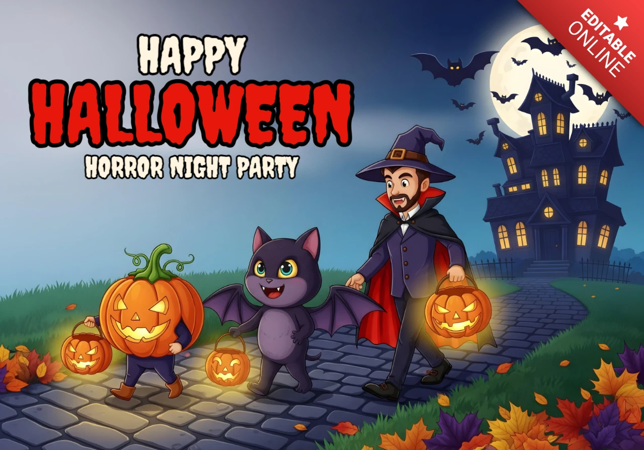 Spooky Horror Night Cute Pumpkin, Vampire & Bat Cat Characters with Haunted House & Full Moon Design Template for Festive Flyers