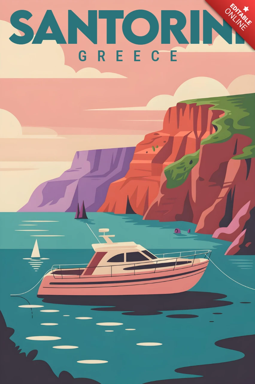 Barca rosa in acque turchesi con scogliere colorate modello di poster di viaggio a Santorini