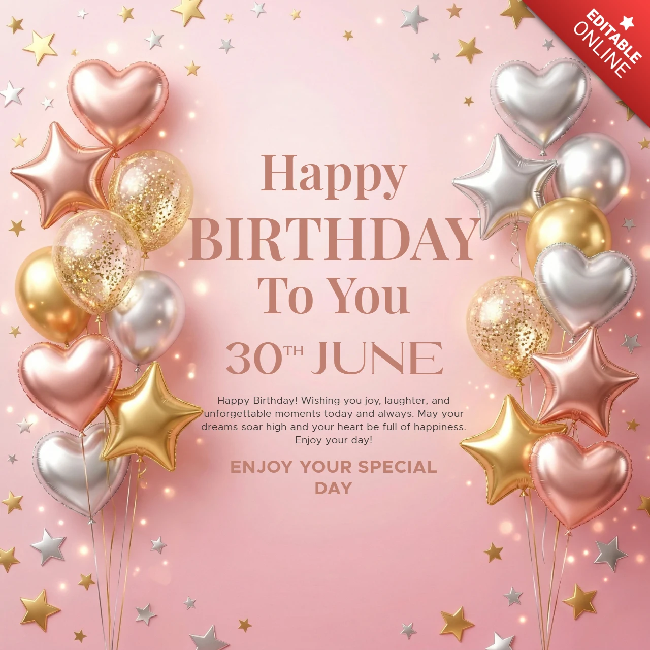 誕生日おめでとうのデコレーションポスター、ピンクの背景にバルーン、金と銀の星、そして楽しい誕生日