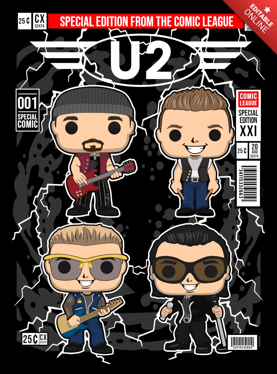 U2 Cartoon Character Magazine Cover Design Template