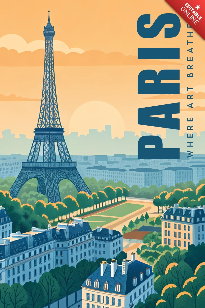 Paris Skyline Illustration Design Template for Retro Flat Travel Posters
