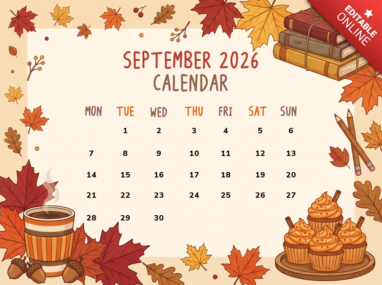September 2026 calendar page decorated with colorful autumn leaves stack of books and coffee cup in a cozy fall theme illustration