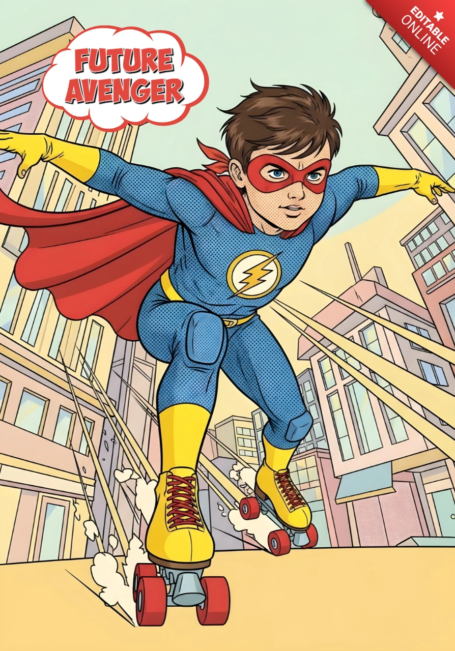 Pôster de design de super-herói patinador futuro vingador em paisagem urbana