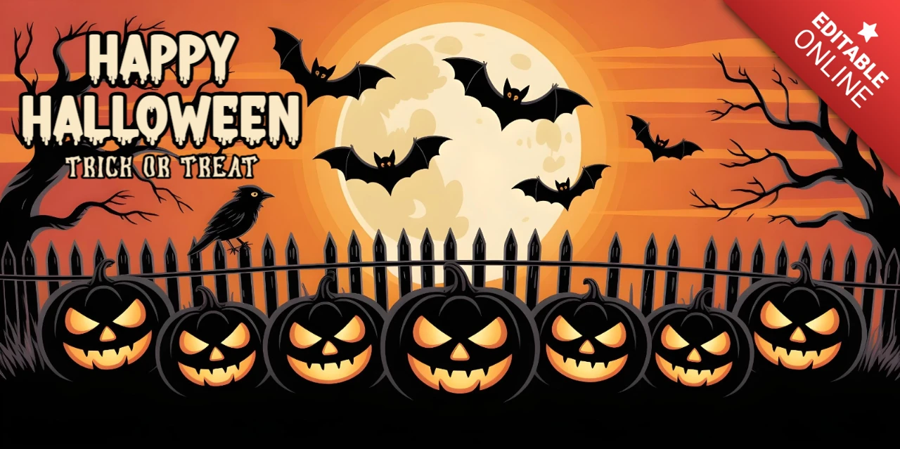Halloween-Friedhof, blattlose Bäume, unheimliche Kürbisse und mondbeschienene Schatten YouTube-Cover-Design-Vorlage