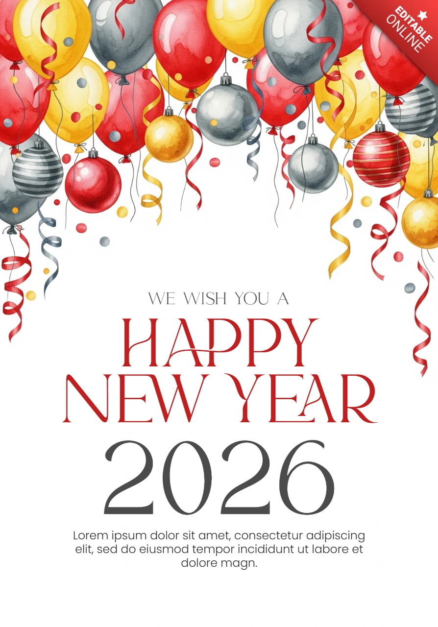 Watercolor Happy New Year 2026 Card Red, Yellow, Silver Balloons with Confetti and Streamers