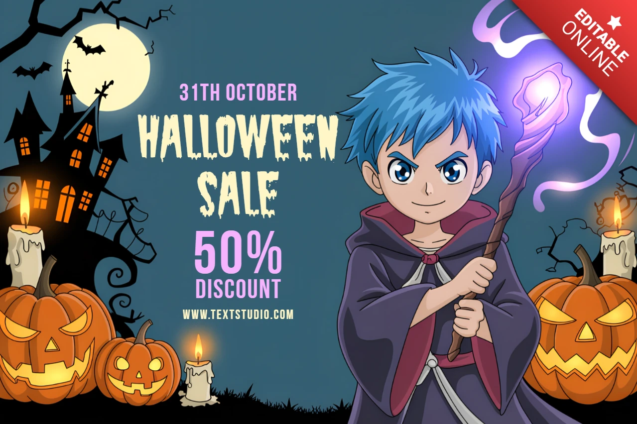 Template di design a tema Halloween con stregone in stile cartone animato per volantino promozionale