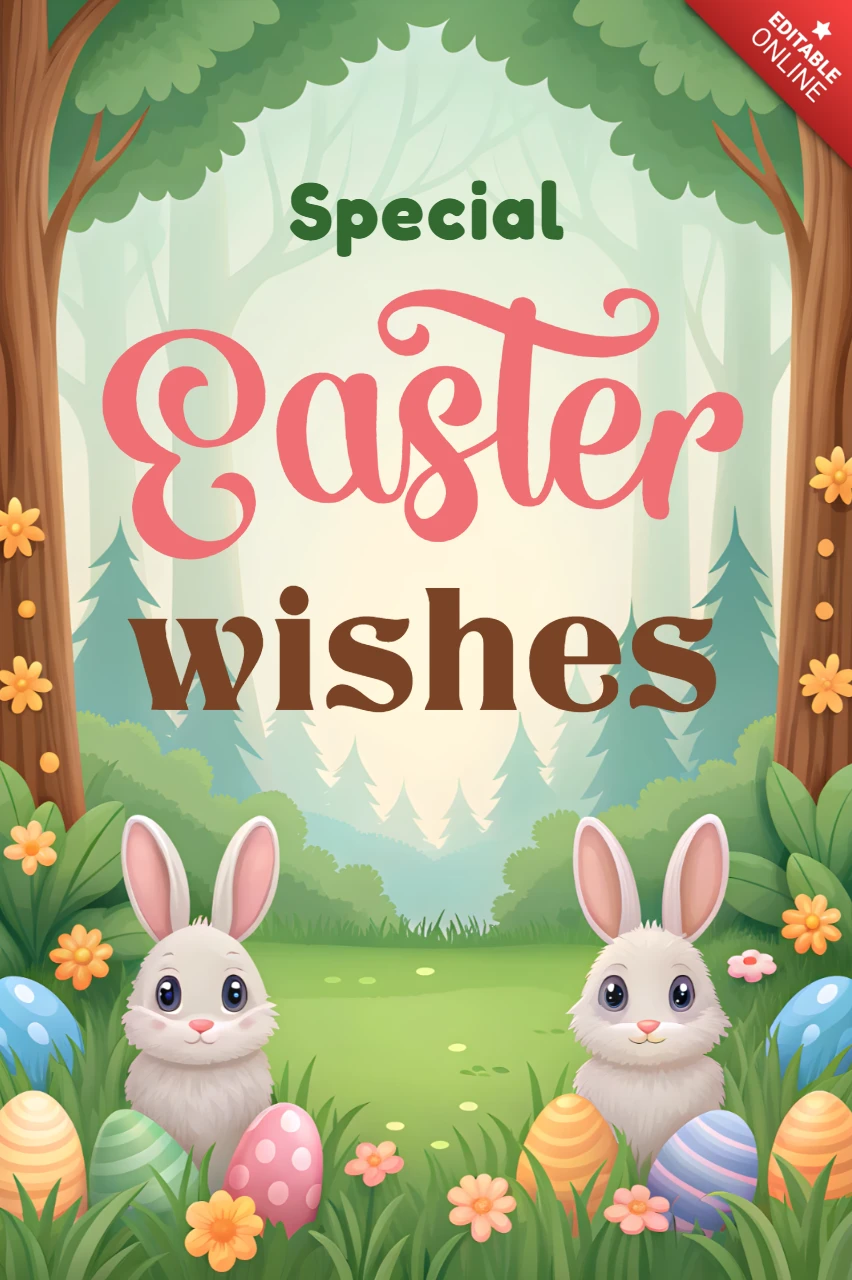 Bezaubernde Ostern Wald Design-Vorlage mit Eiern und niedlichen Hasen