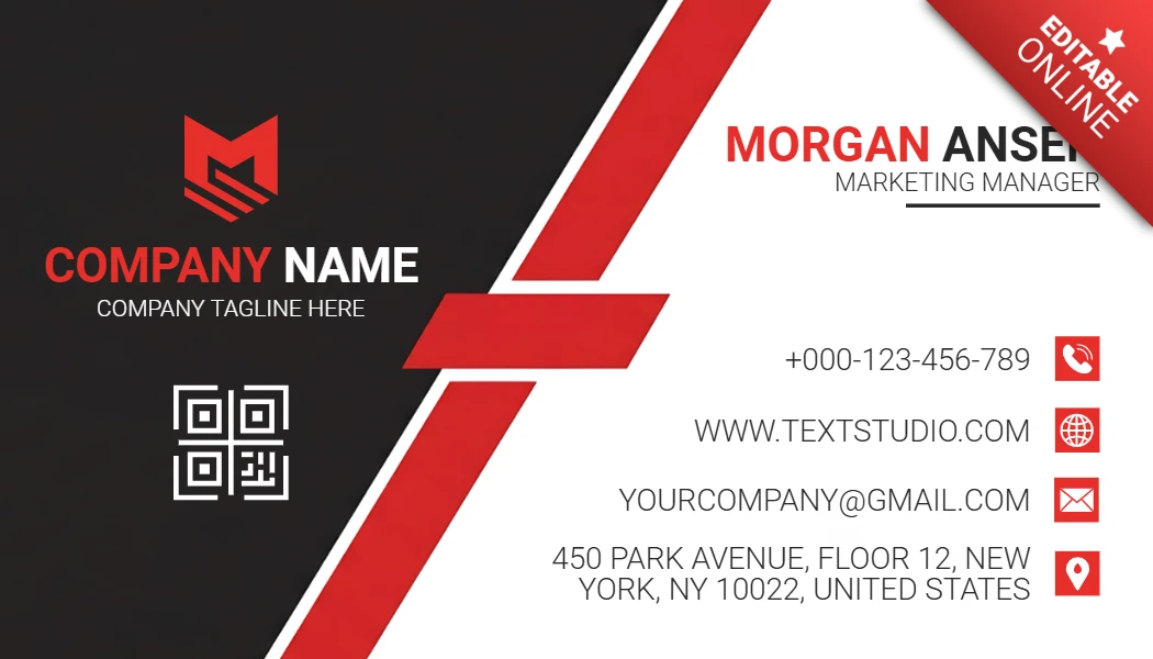 Modèle de carte de visite professionnelle design vague rouge et noir avec code QR