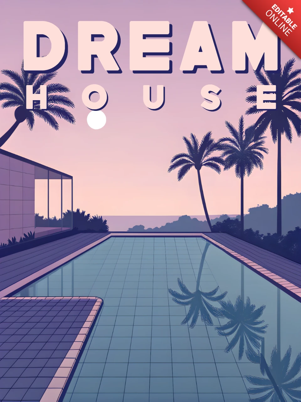 Retro-Flachtraumhausdesign mit Pool und Palmen für Poster oder Wandkunst