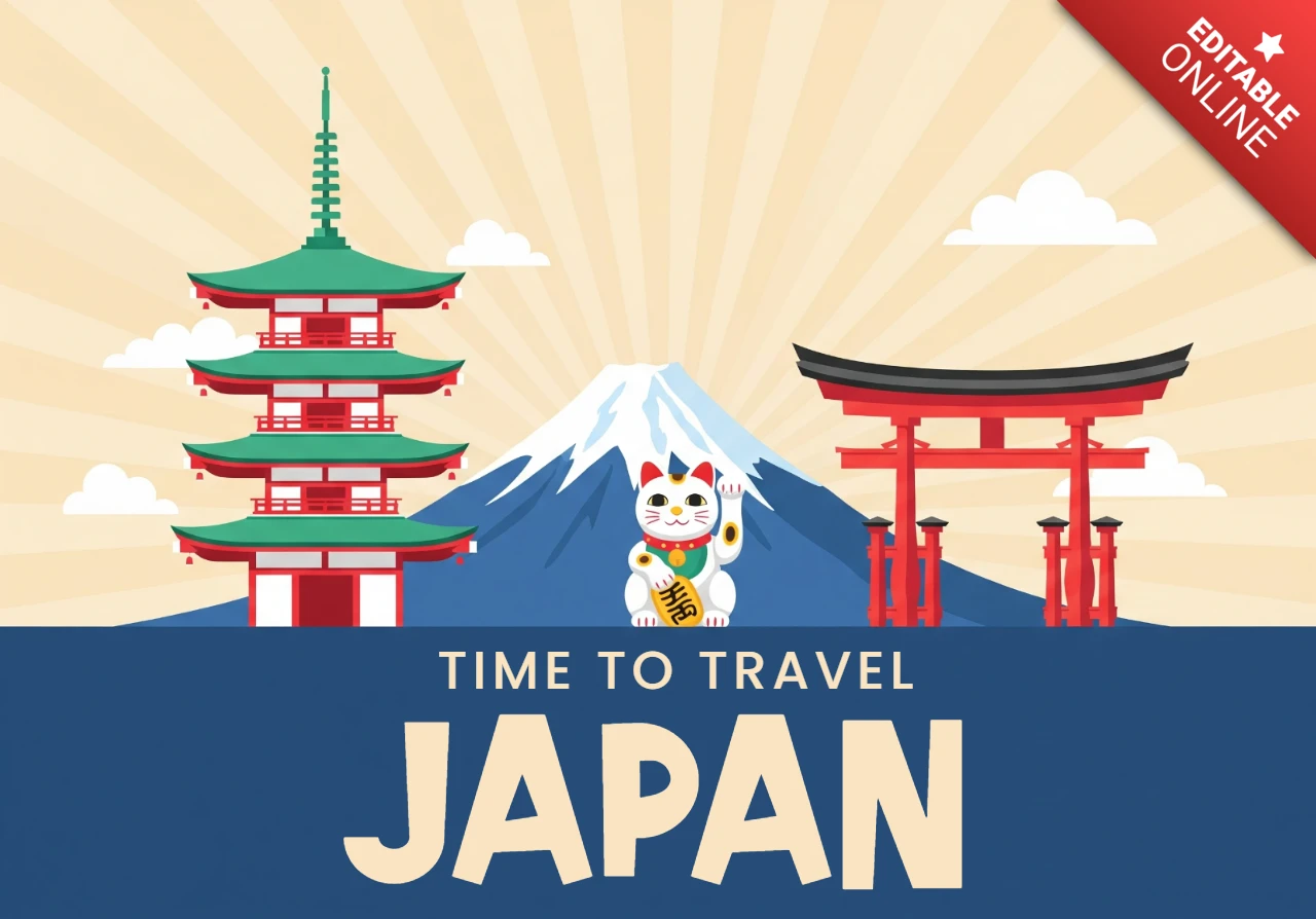 Tempo de viajar ao Japão, pôster do Monte Fuji, portão torii, pagode e maneki-neko em uma cena cultural vibrante.