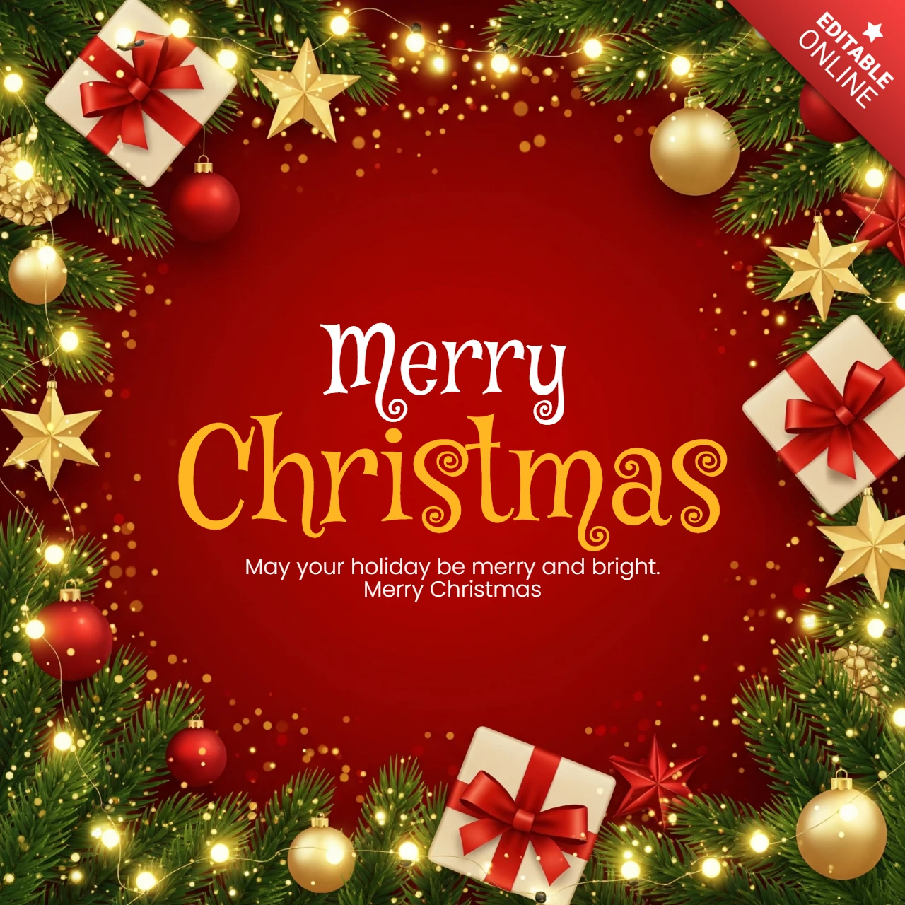 Tarjeta de Navidad alegre con decoraciones rojas y doradas, con guirnalda y regalos enmarcando un diseño de cálidos deseos navideños.
