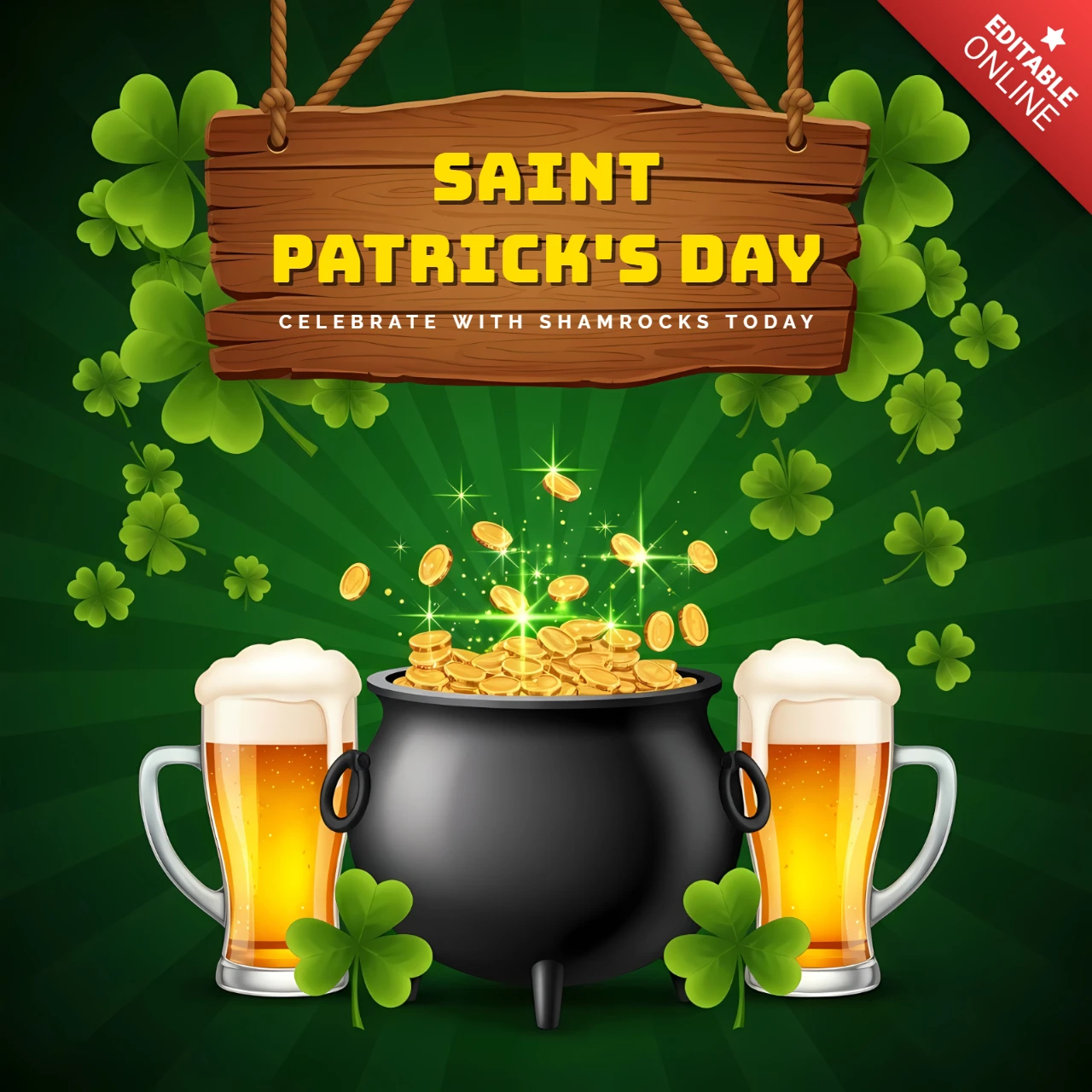 Template di celebrazione del giorno di San Patrizio con design di trifogli e birra per volantini festivi