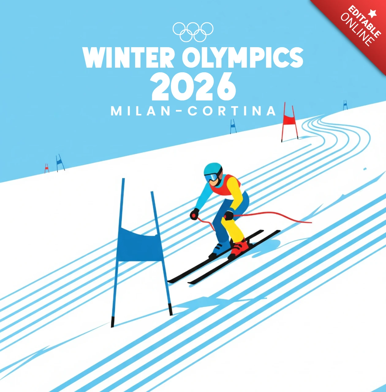 Snowy Slalom Scene Olympic Skier and Mountain Course from Milan-Cortina Winter Games