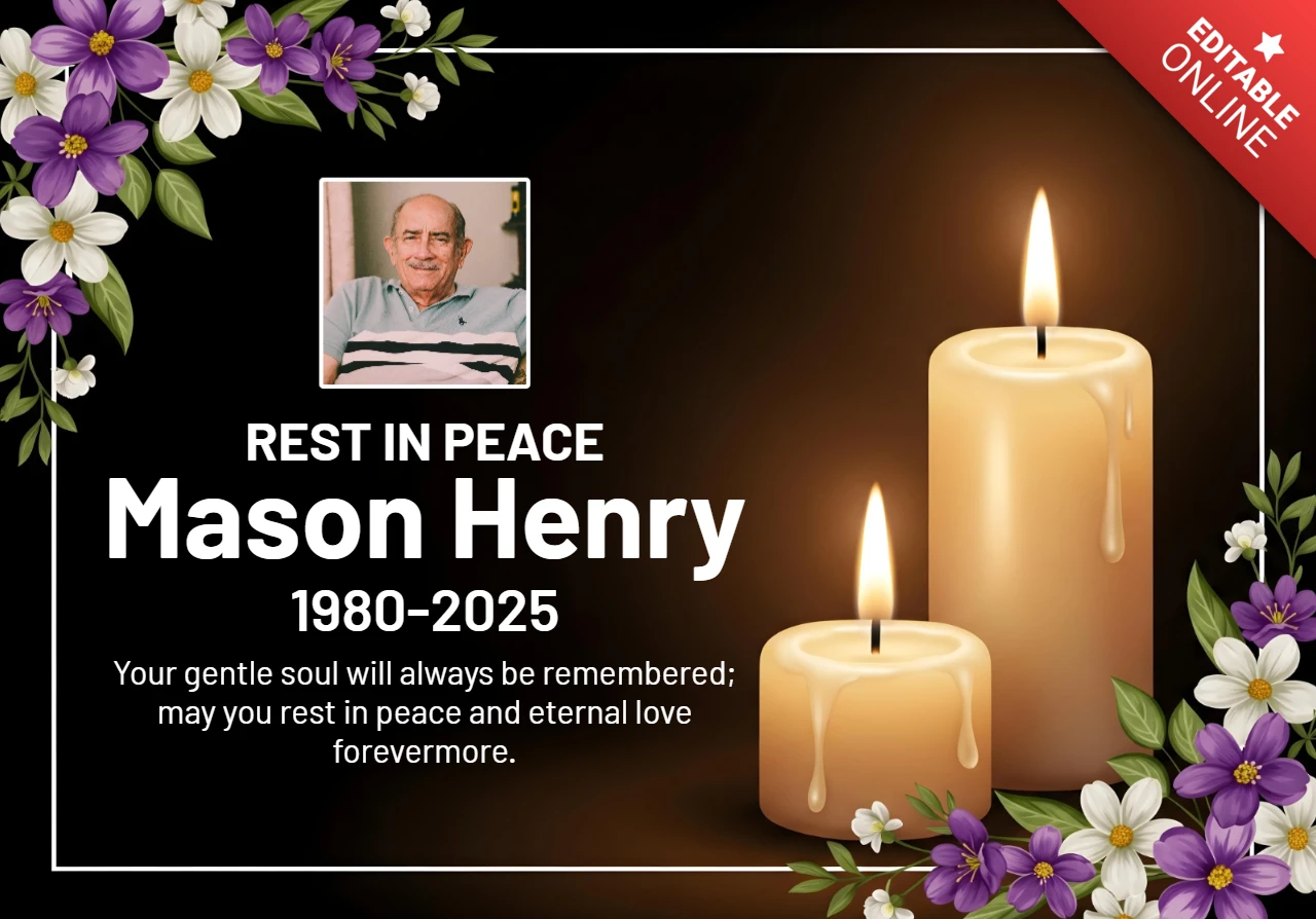 Cartaz de condolências, descanse em paz, tributo com flores roxas e texto de simpatia, modelo de design.