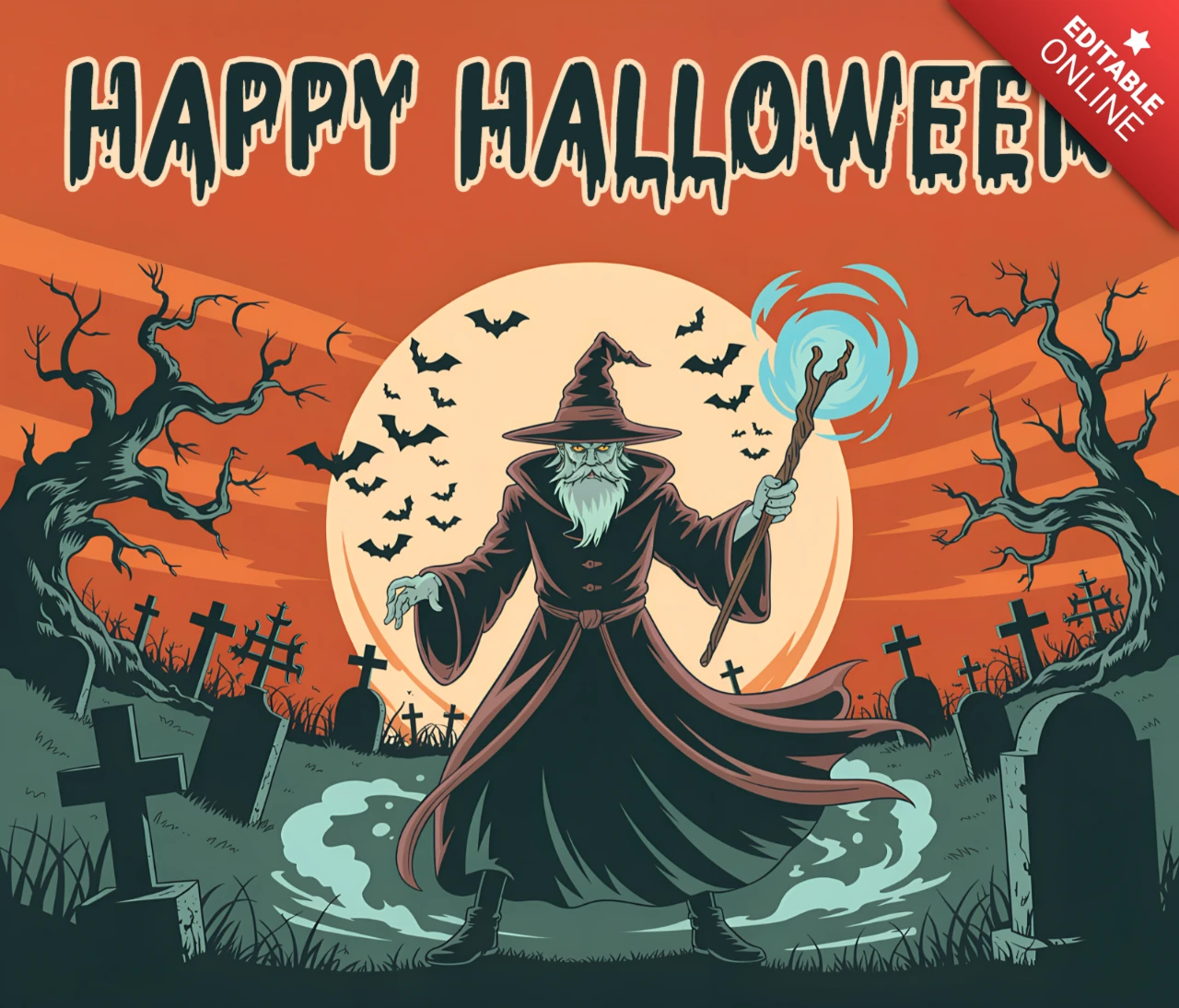 Modèle de design d'Halloween de sorcier effrayant pour affiche et carte de vœux
