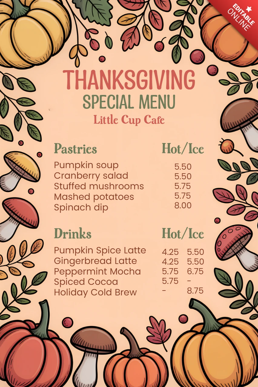 Thanksgiving Menu Design Template with Whimsical Pumpkins for Cafes