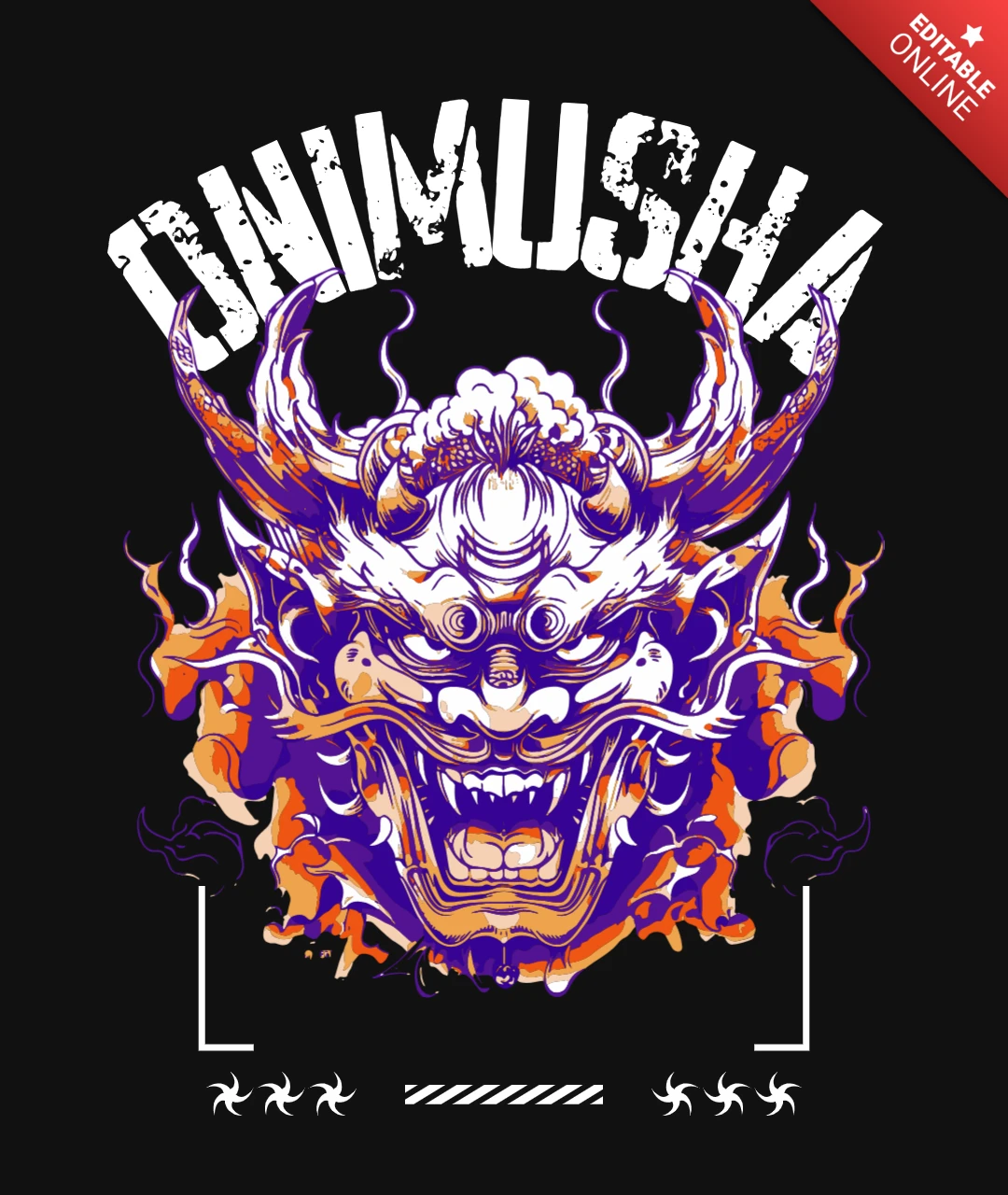 Template de design de camiseta streetwear com máscara de demônio em chamas Onimusha