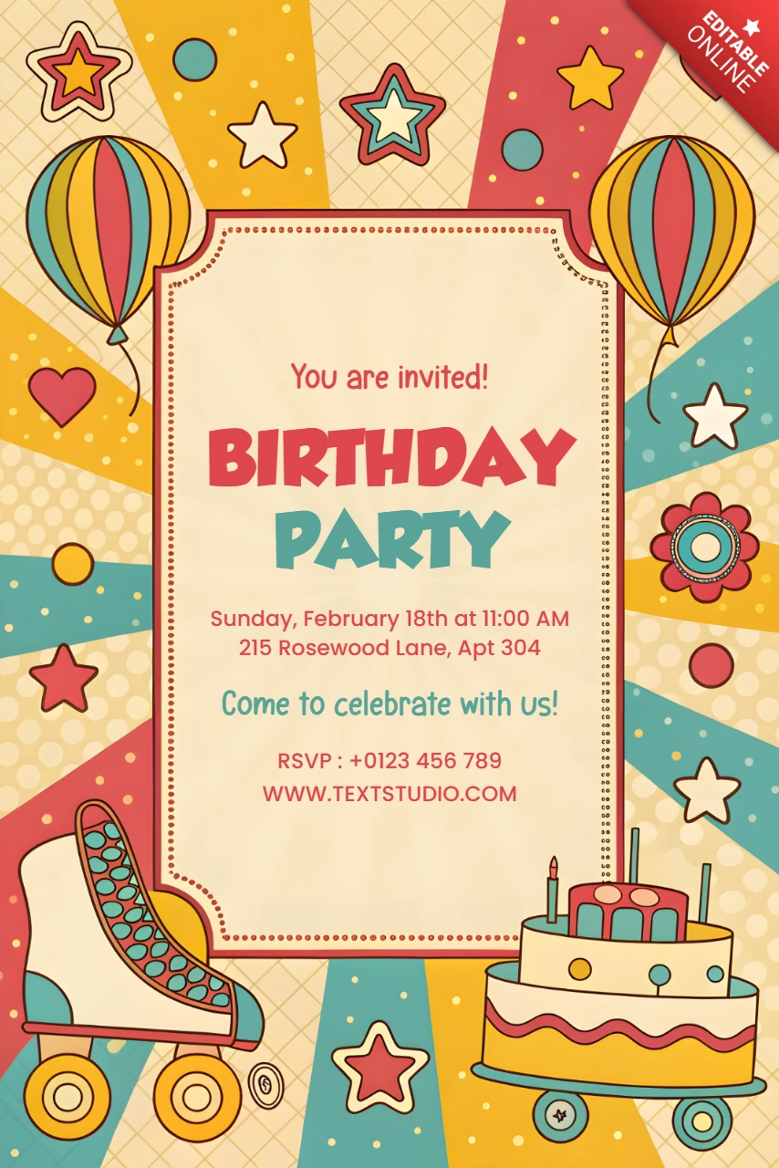 Playful Vintage Birthday Party Invitation Template Design for Skating Kids