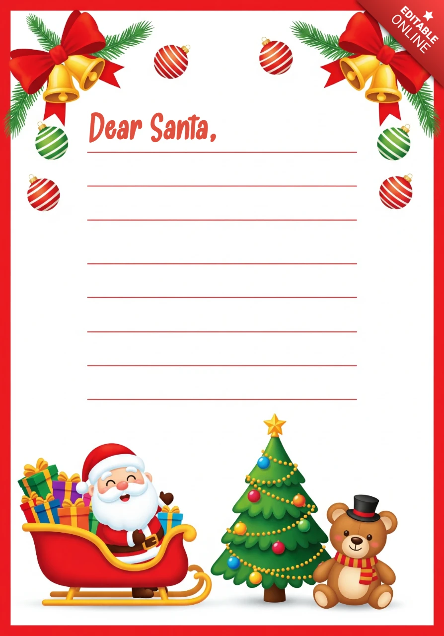 Santa Letter Template Festive Design with Sleigh, Teddy Bear, Bells, and Christmas Tree