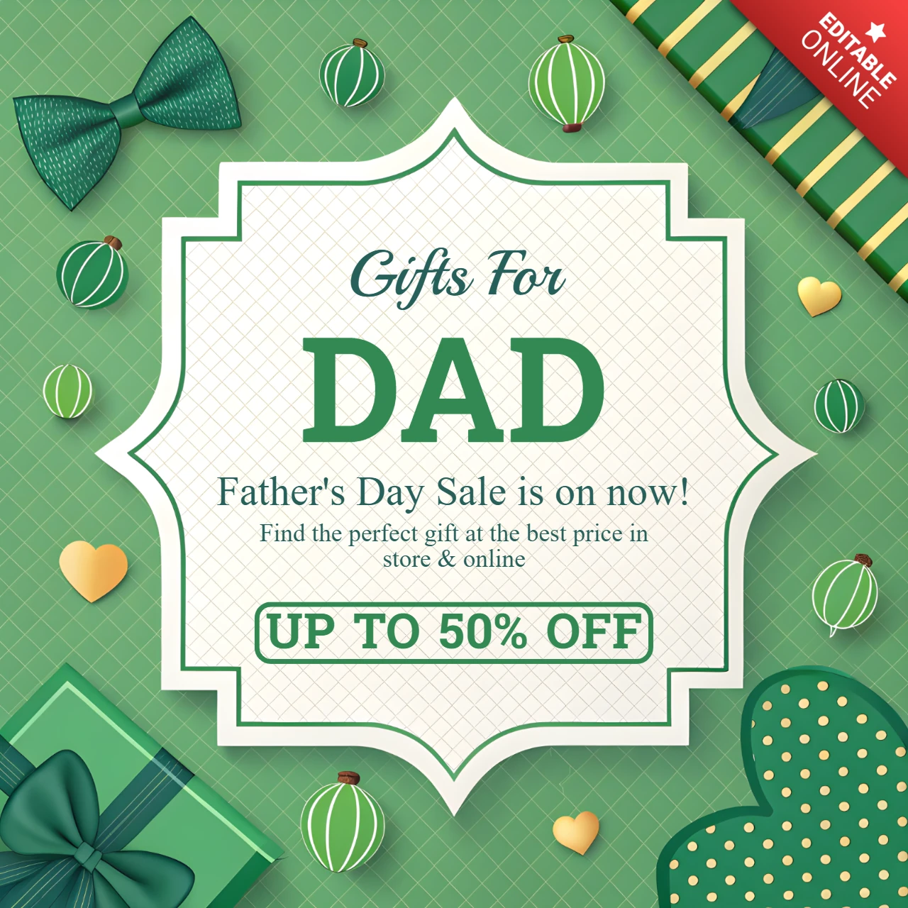 Modelo de design de venda para o Dia dos Pais: promoção de presente verde elegante para o pai