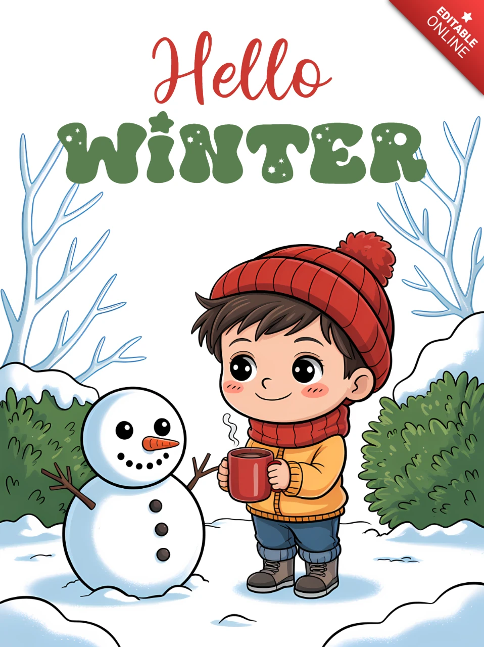 Winterwunderland-Designvorlage für Grußkarten mit einem niedlichen Jungen und einem Schneemann