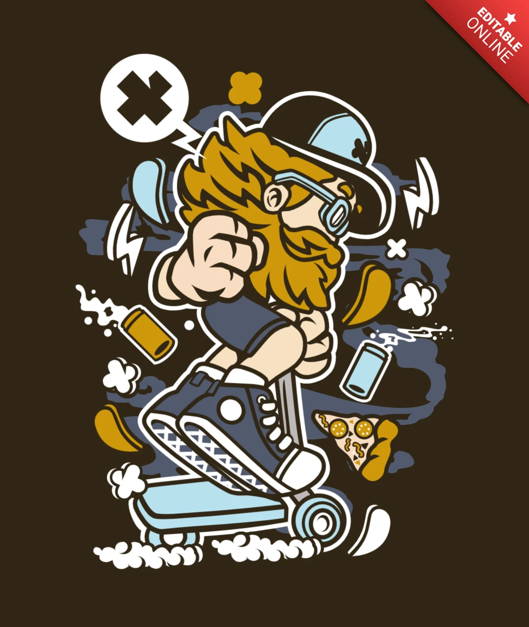 Scooter Ride Skater Boy Cartoon Character T-Shirt Design Template