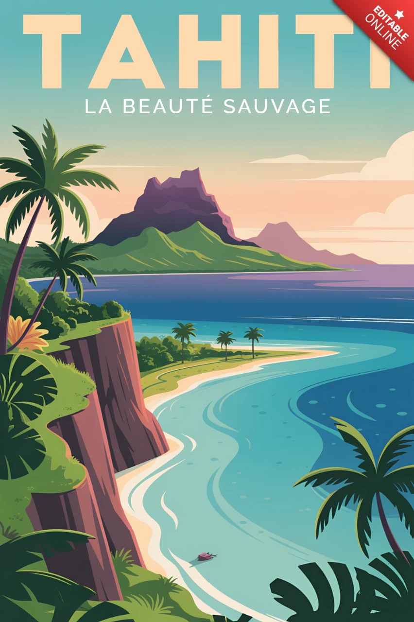 Tahiti Vintage-Reiseplakat-Designvorlage mit tropischer Landschaft für Werbezwecke