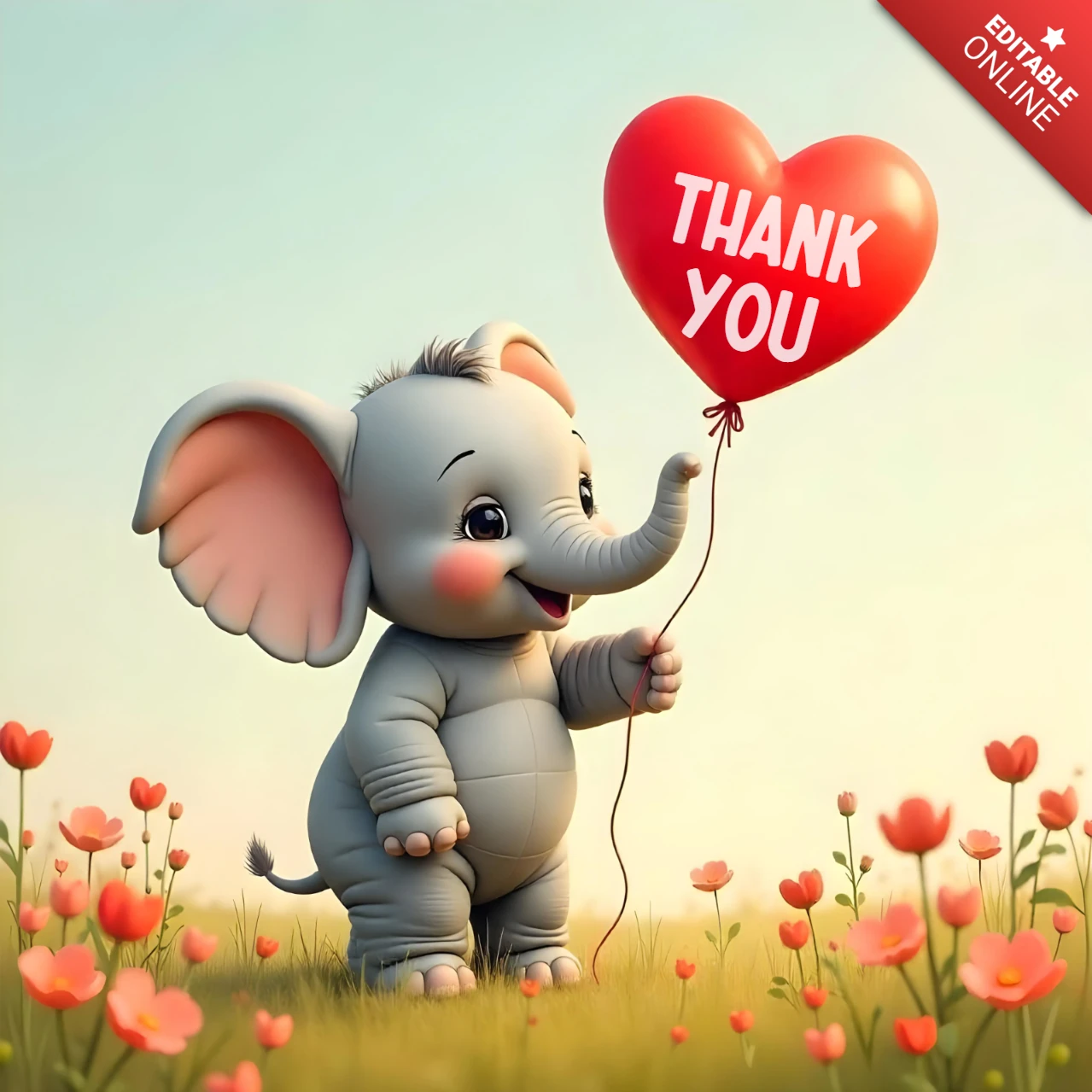 Adorable Elefant Dankeschön-Karte Vorlage mit Herz Ballon und Blumen