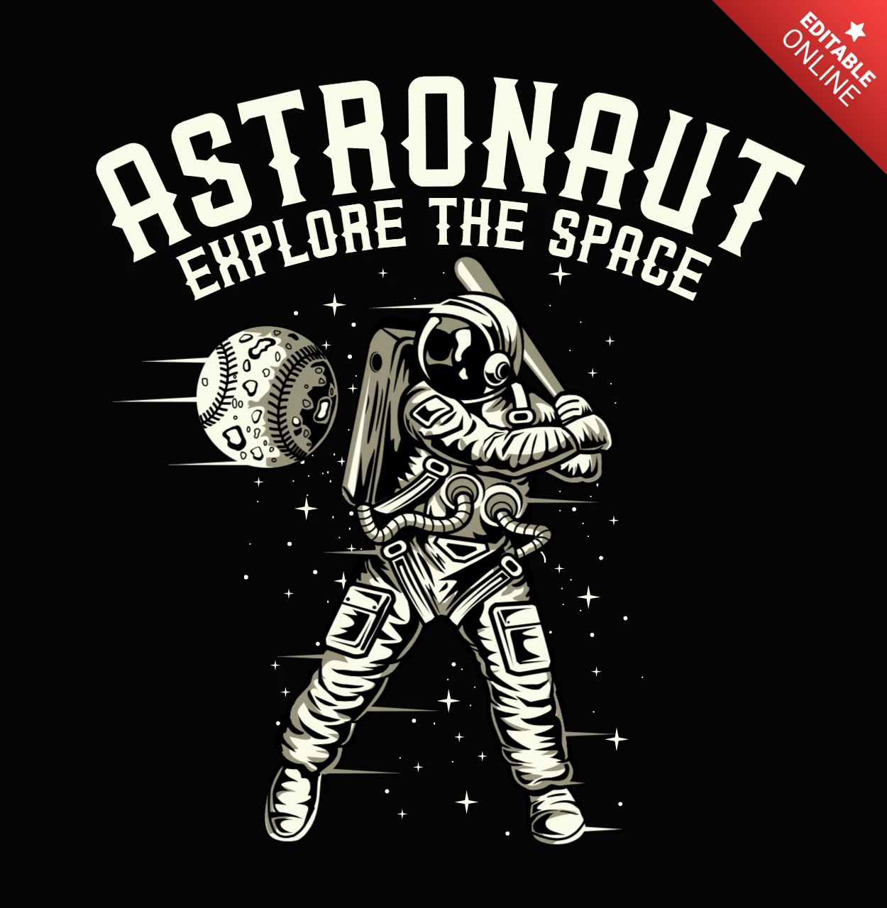 Modelo de design de camiseta de astronauta explorando o espaço