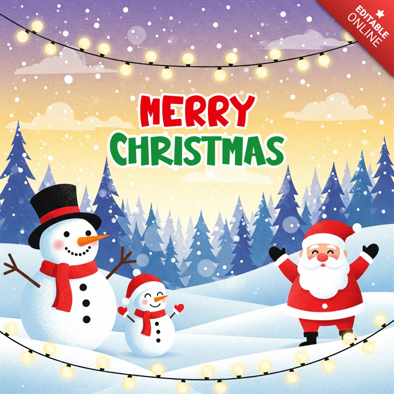 Cartão de Natal feliz com Papai Noel e bonecos de neve emoldurando árvores de pinho e luzes em um cenário festivo de neve, modelo de design de pôster.