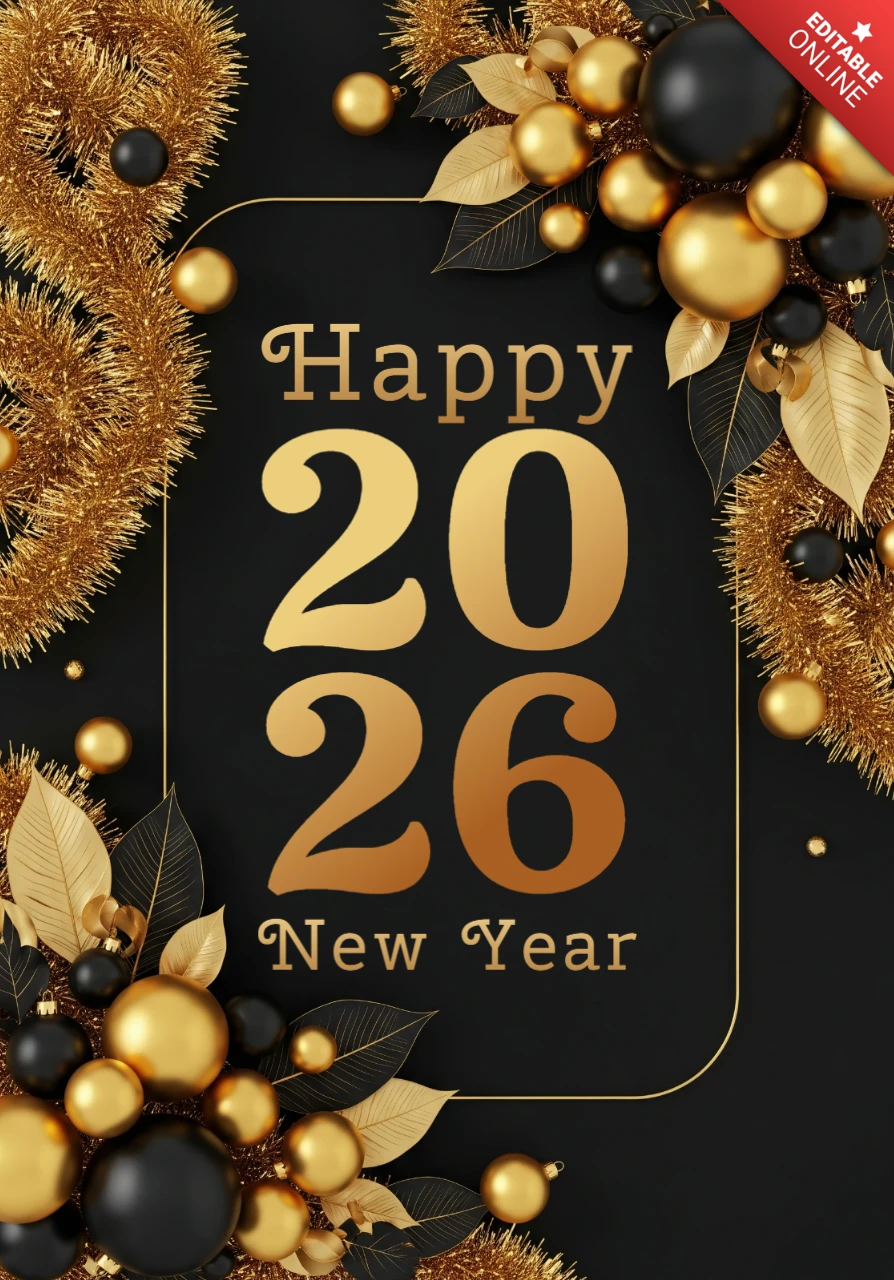 Tema elegante em preto e dourado com ornamentos decorativos e texturas cintilantes pôster de celebração do ano novo 2026