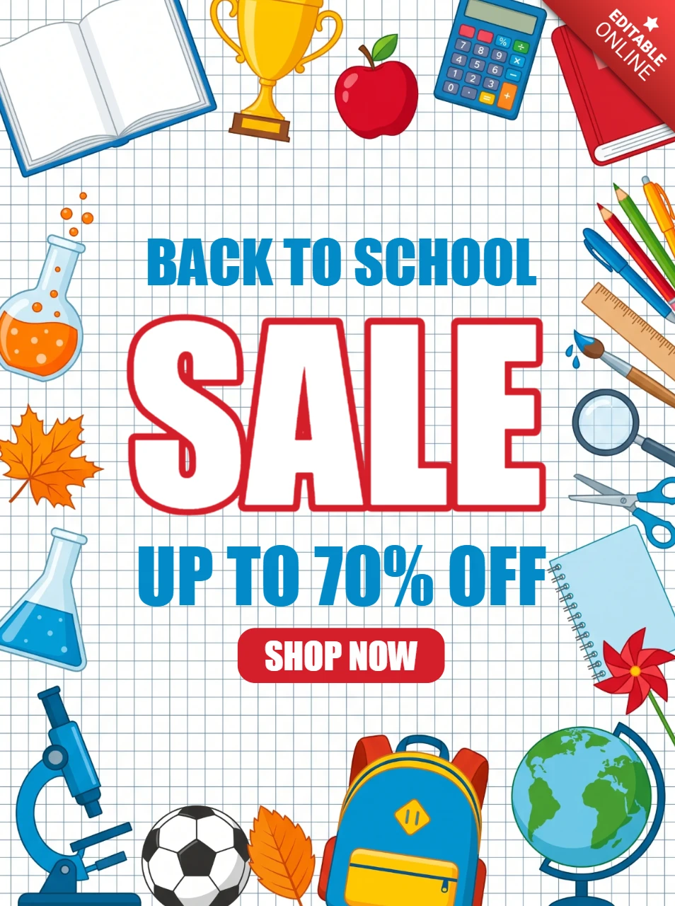Back to school sale banner with colorful educational supplies and learning icons