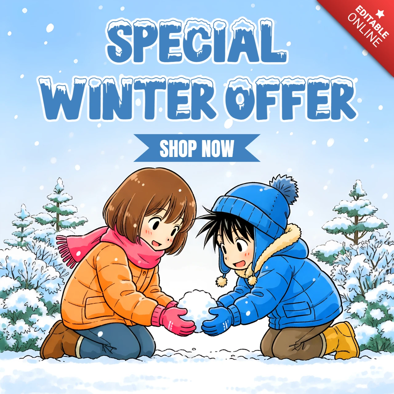 Modèle de design d'offre d'hiver avec des enfants jouant dans la neige pour des flyers promotionnels