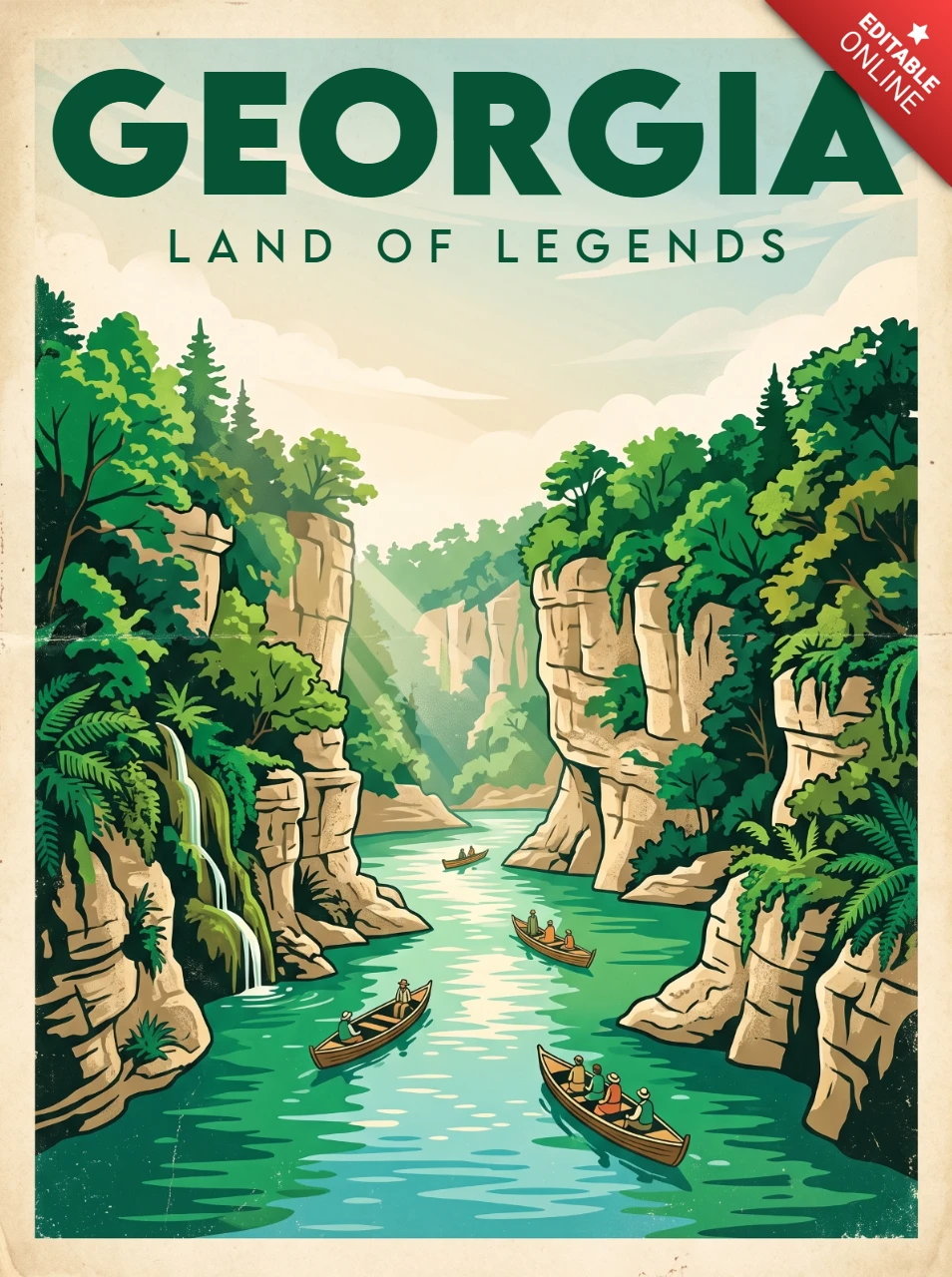 Georgia Retro Vintage Nature Poster Land of Legends Scenic River Valley Canoes Waterfall Rocky Cliffs Adventure Travel Wall Illustration