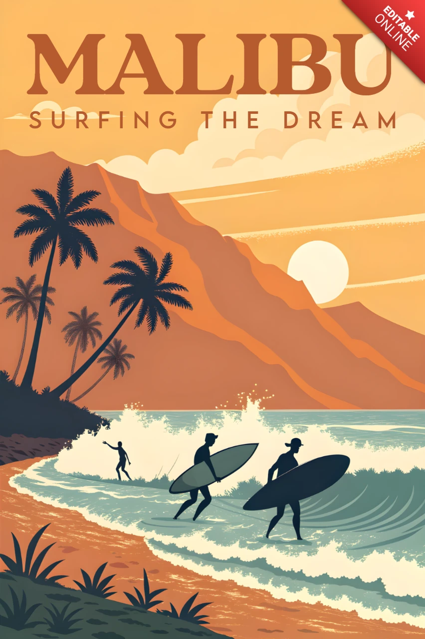 Template de design retro para pôsteres de sonho de surf em Malibu.