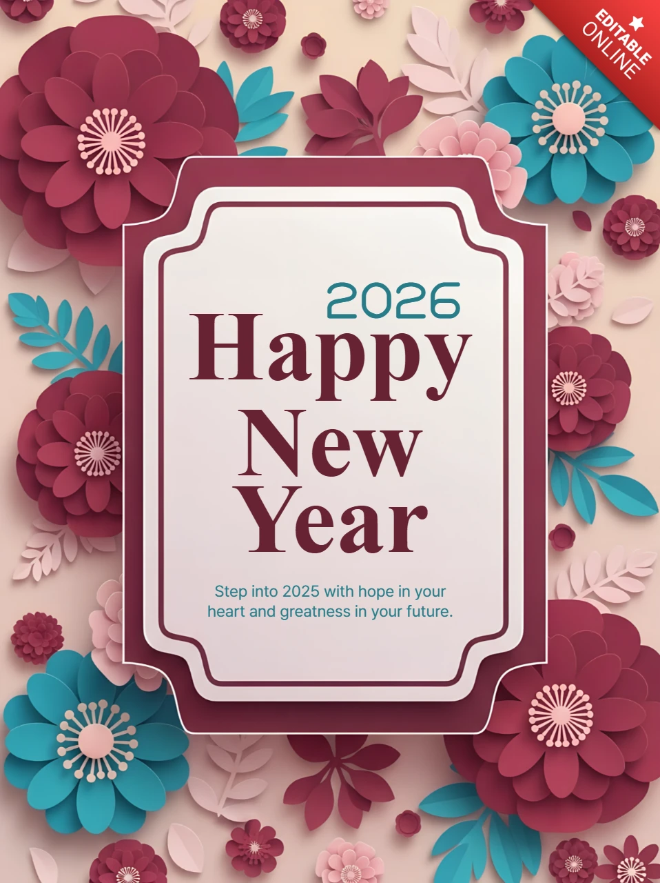 Florale Neujahrskarte Designvorlage im Papierauschnitt-Stil