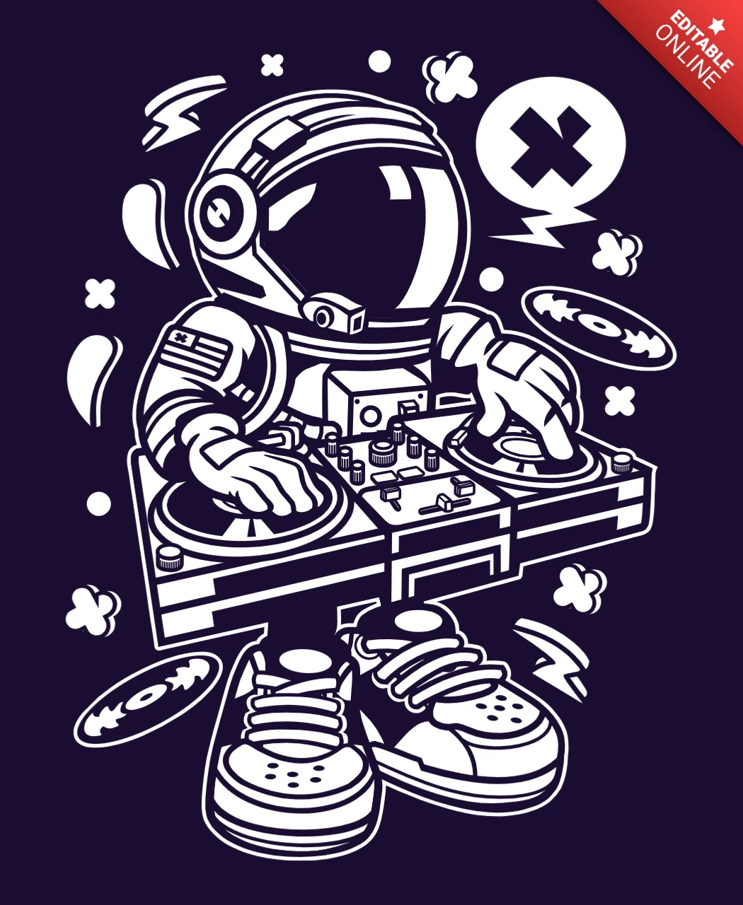 T-Shirt-Designvorlage für Discjockey-Kosmonauten-Cartoon-Figur