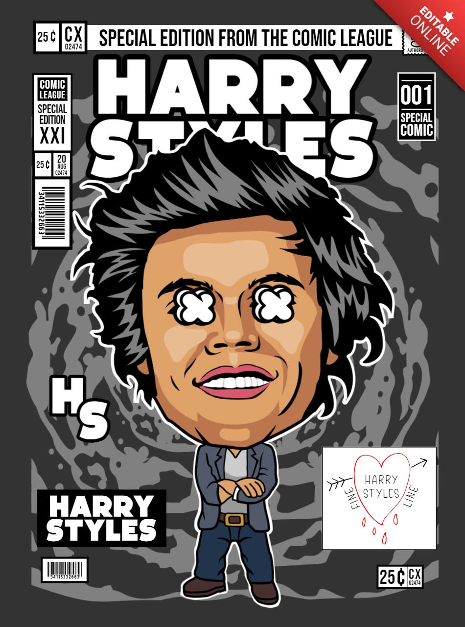 Plantilla de diseño de portada de revista con caricatura de Harry Styles