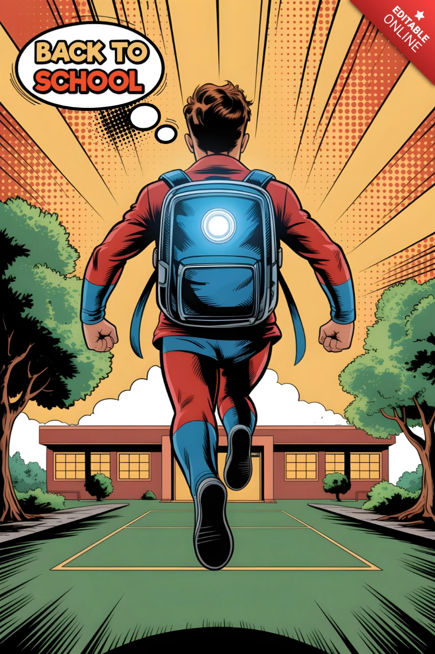 Back to School Superhero Student Running Toward School with Glowing Backpack Poster Design Template