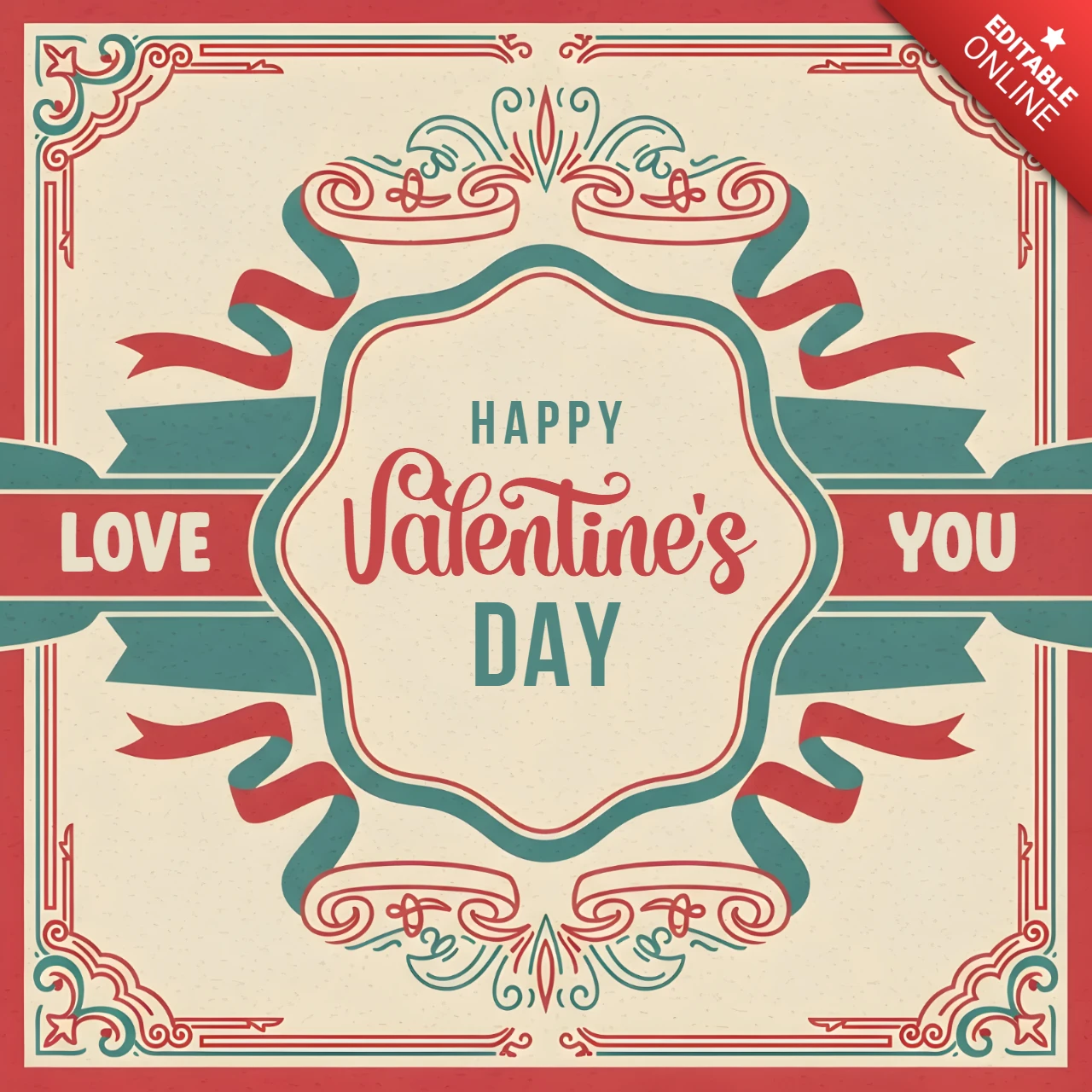 Plantilla de diseño de tarjeta de saludo vintage para el día de San Valentín con cintas decorativas.