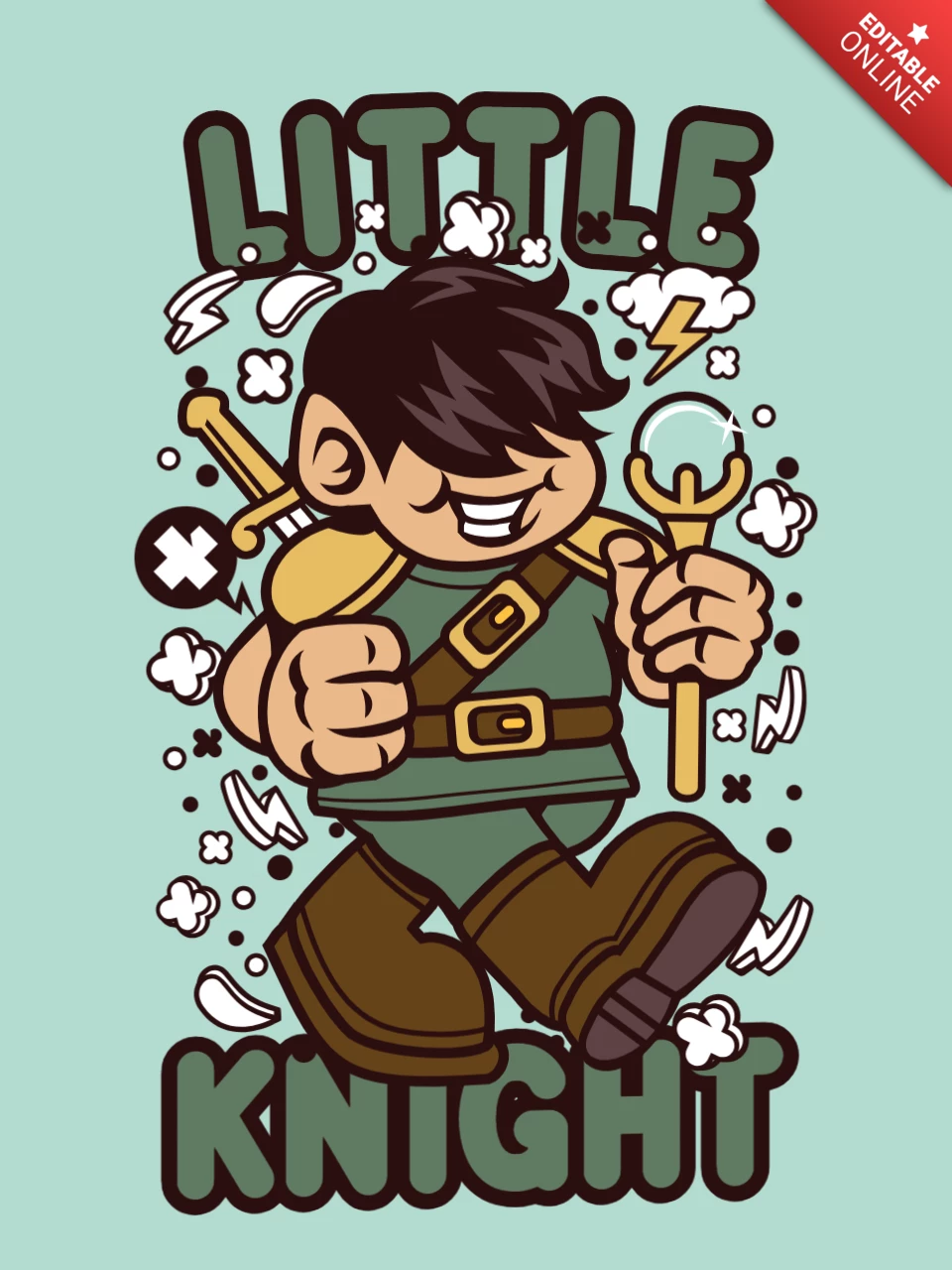 Kleine ridder kleurrijke cartoon t-shirt ontwerpsjabloon