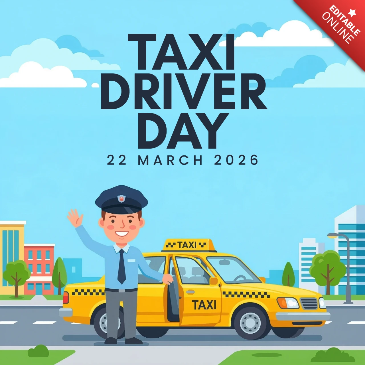 Cartel decorativo del día del taxista 2026 destacando a los taxistas, la movilidad urbana y el tema de la apreciación del transporte.