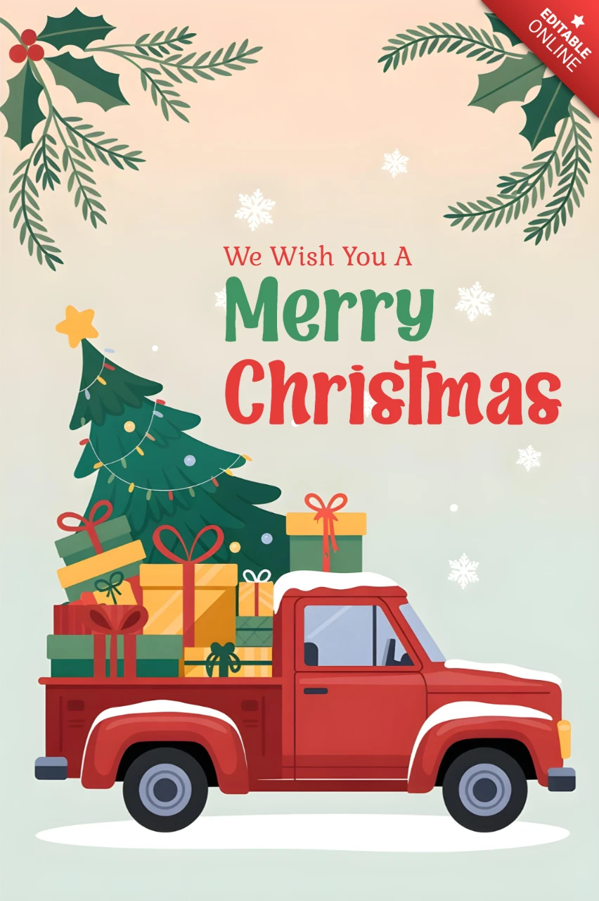 Roter Pickup-Truck mit geschmücktem Baum und verpackten Geschenken, umrahmt von Stechpalme und Schneeflocken, Weihnachtsgrußkarte