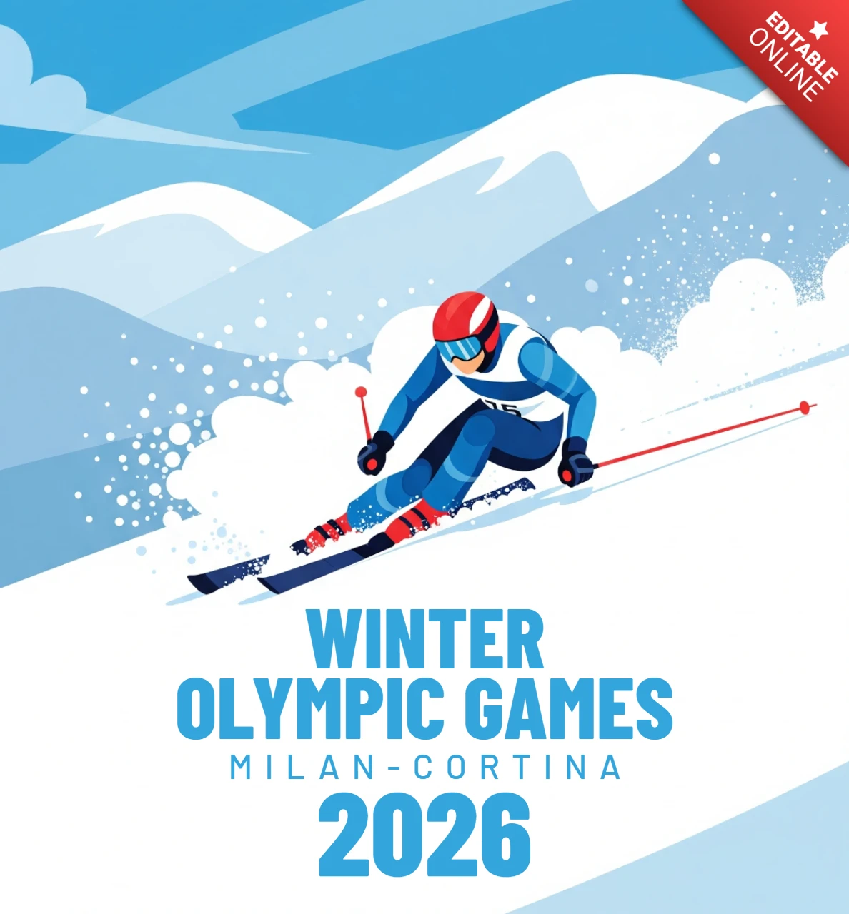 Pôster das Olimpíadas de Inverno de Milão-Cortina 2026 esquiador de downhill, montanhas nevadas e energia alpina de Milão-Cortina