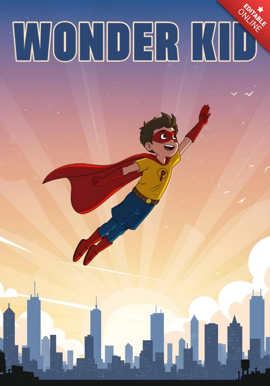 Niño prodigio volando, niño superhéroe sobre el atardecer de la ciudad, plantilla de diseño de póster.