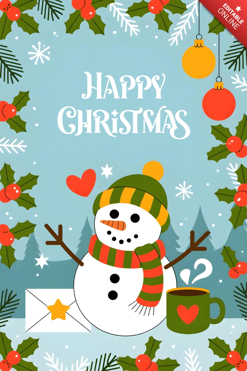 Frohe Weihnachtskarte mit einem Schneemann, umgeben von Schneeflocken, Stechpalmenblättern und hängenden Ornamenten, Designvorlage